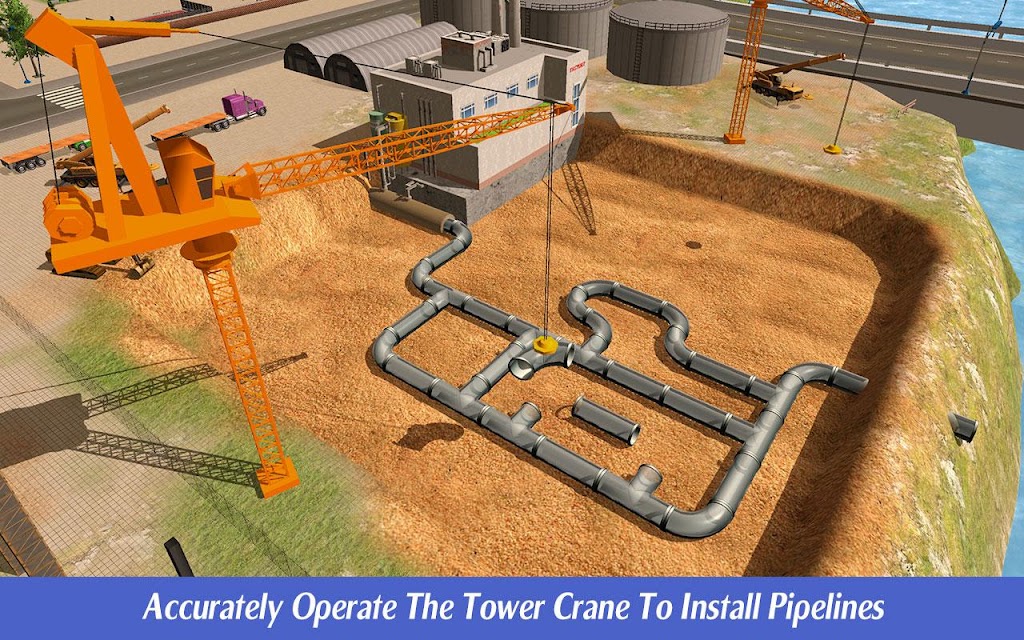Segundo screenshot do jogo Crane Simulator com vista do estaleiro e da carga suspensa