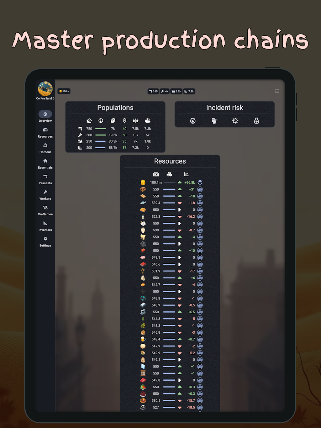 Segundo screenshot do jogo Victorian City Builder Idle com painel de produção de fábricas